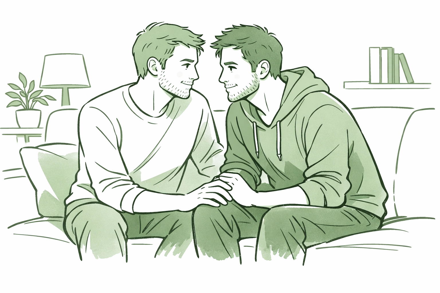 Two men in intimate conversation showing emotional depth in literary MM romance relationships
