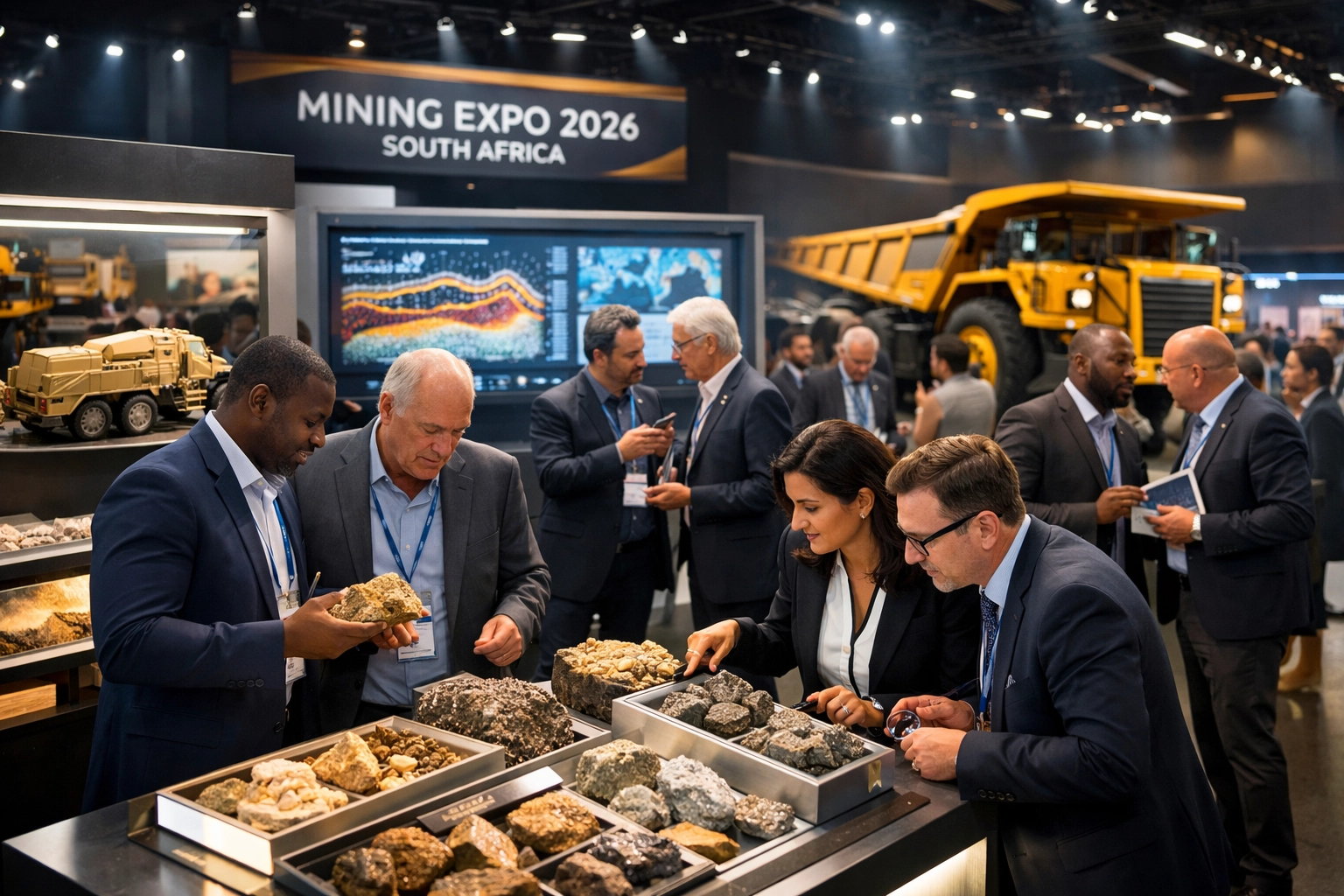 Mining Events 2026 South Africa exhibition floor with professionals examining equipment and samples