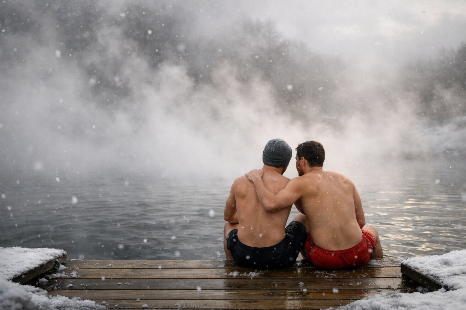 Gay couple at Lake Hévíz thermal lake in winter with rising steam