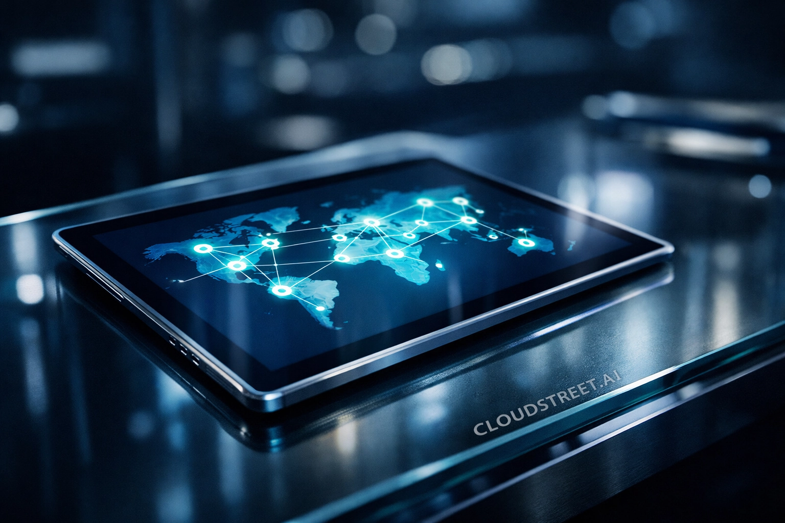 A digital tablet showing real-time inventory nodes for unified global order fulfillment and management.