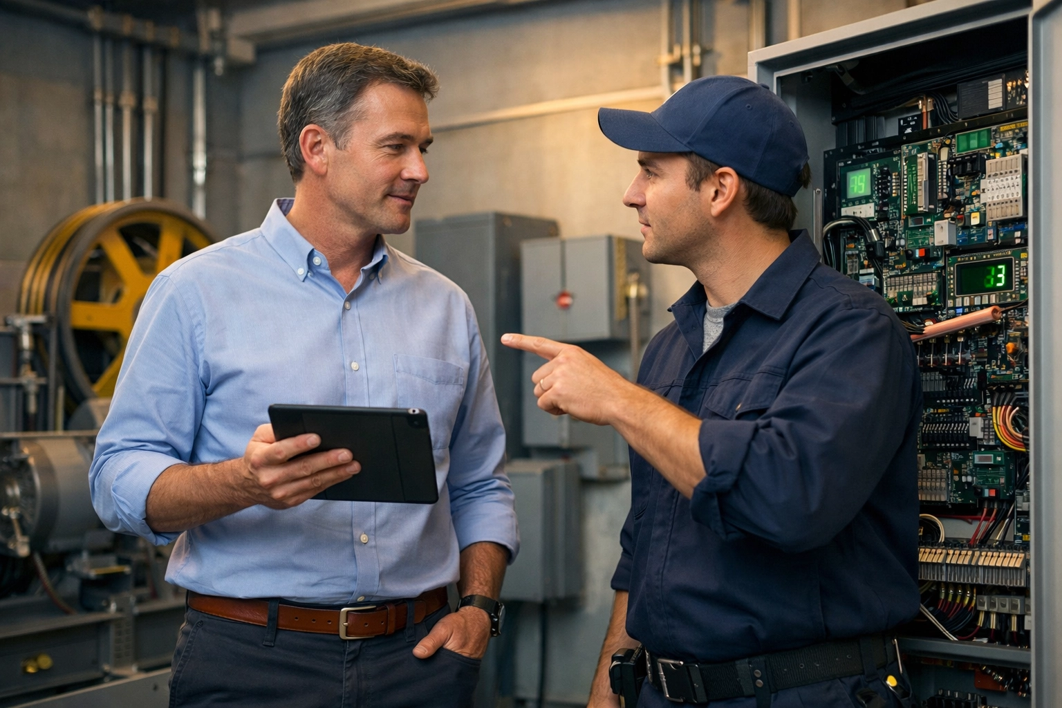 Facility manager coordinating with elevator technician on phone line replacement installation