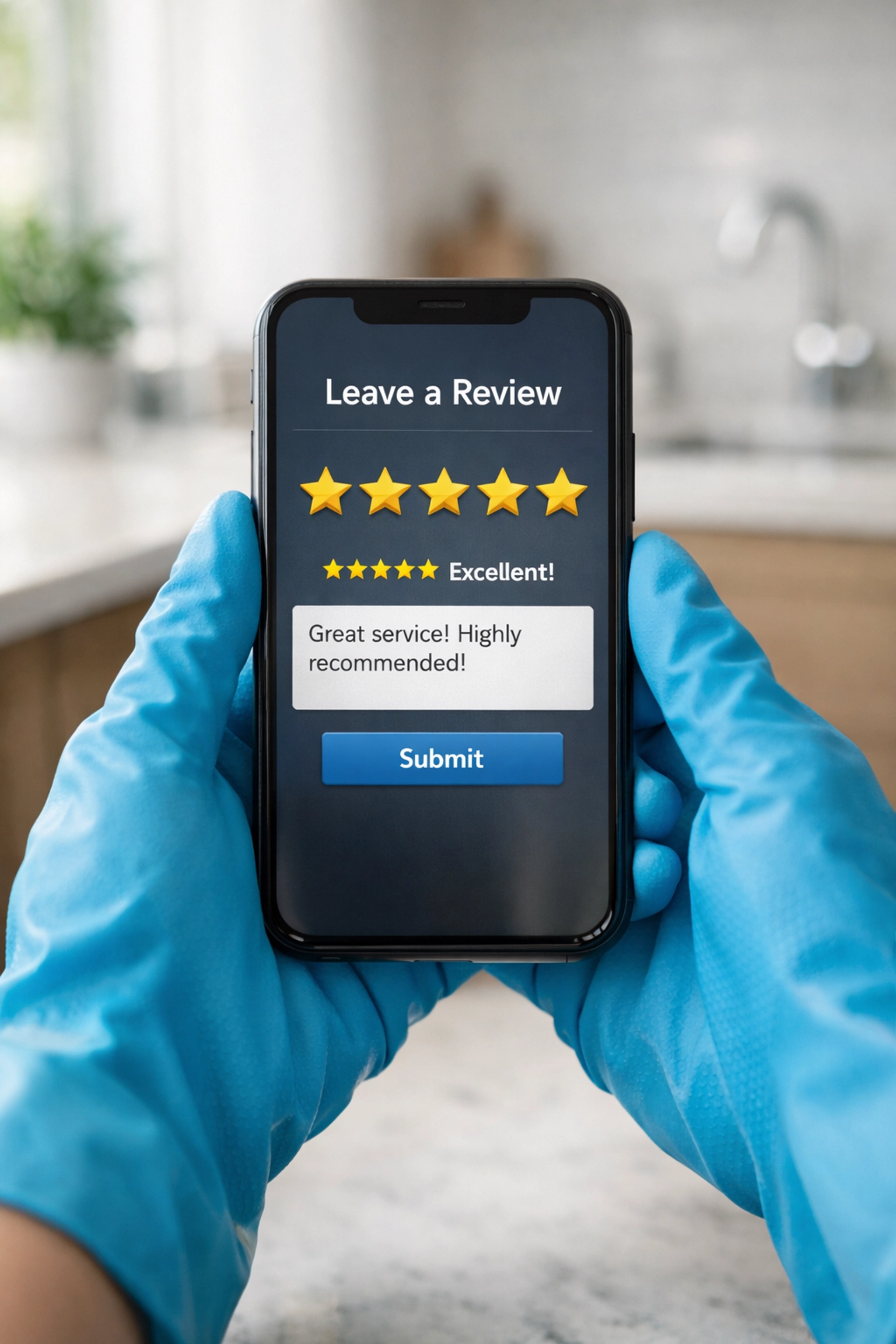 Cleaning service professional checking 5-star customer reviews on smartphone