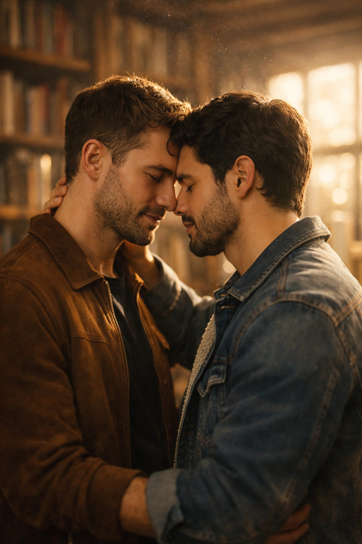 Two men sharing an intimate moment in a library, perfect for an MM romance book cover.