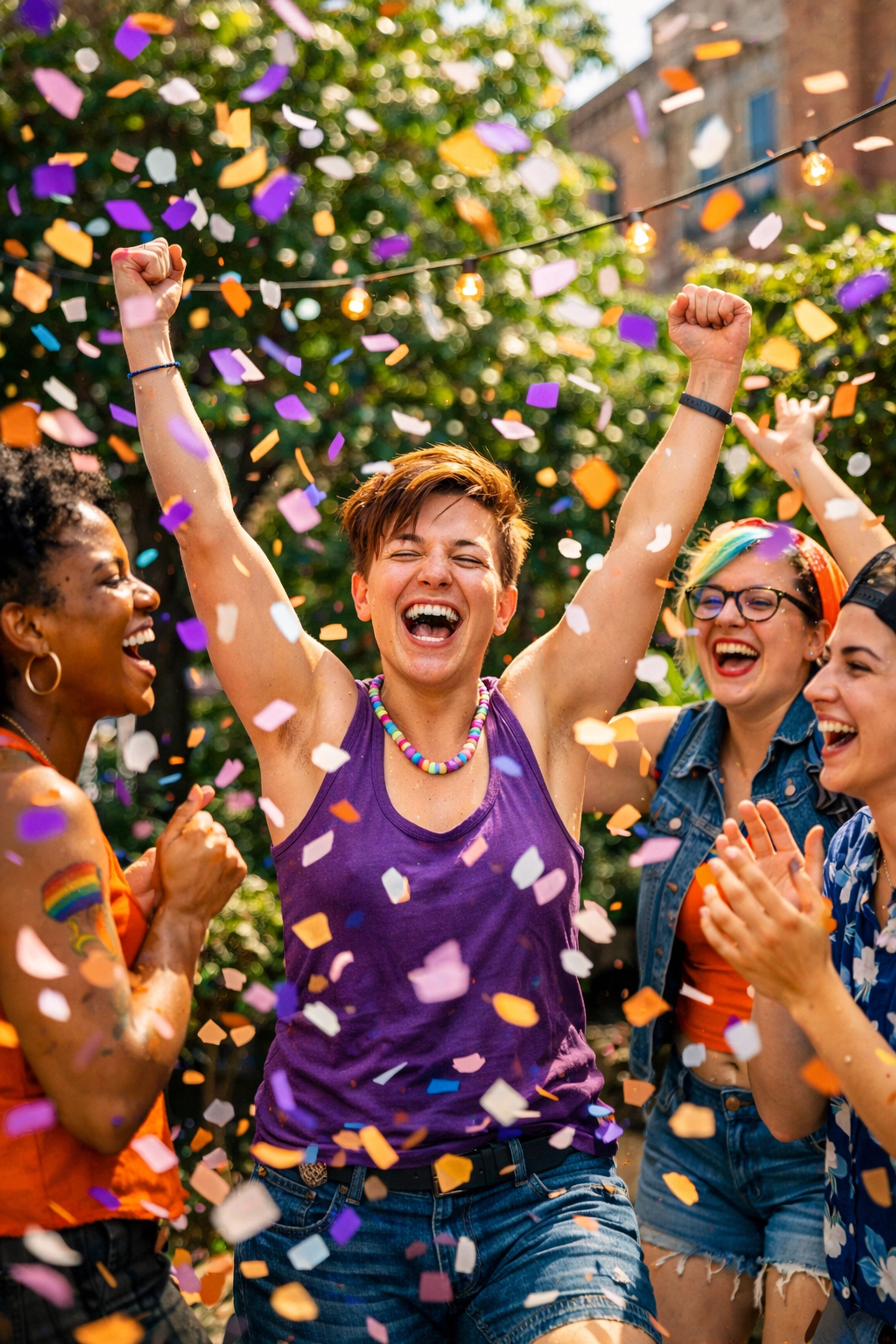 LGBTQ+ friends celebrate a transition milestone with confetti in a garden, honoring chosen family.