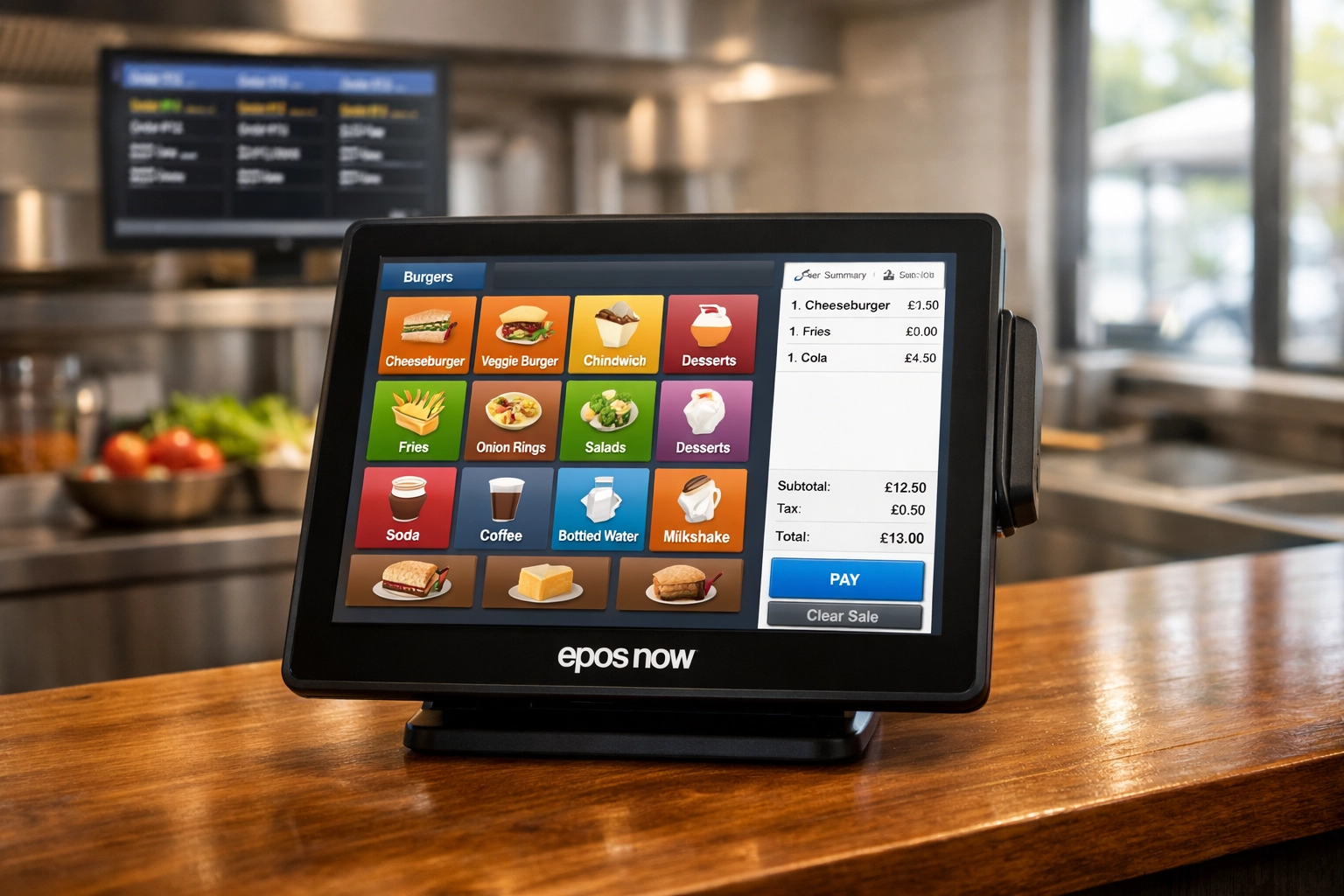 Epos Now POS terminal displaying restaurant menu interface on takeaway counter