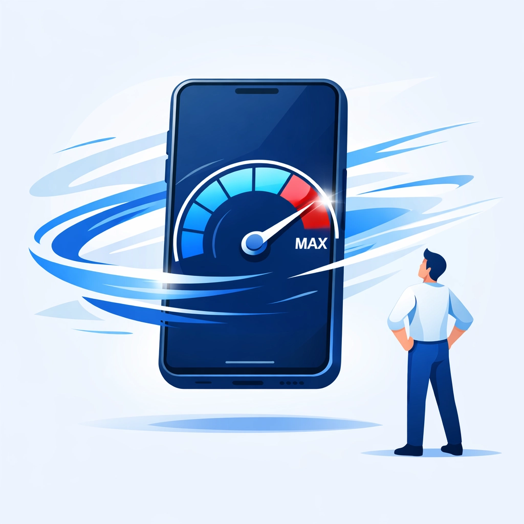 Speedometer on a smartphone screen showing fast website speed for mobile SEO optimization.