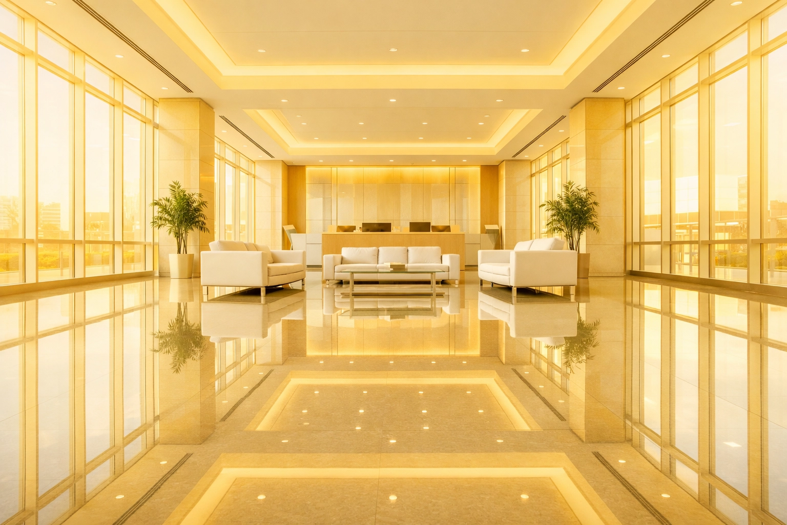 Perfectly polished and clean business lobby floors reflecting high-end professionalism in Waterloo.