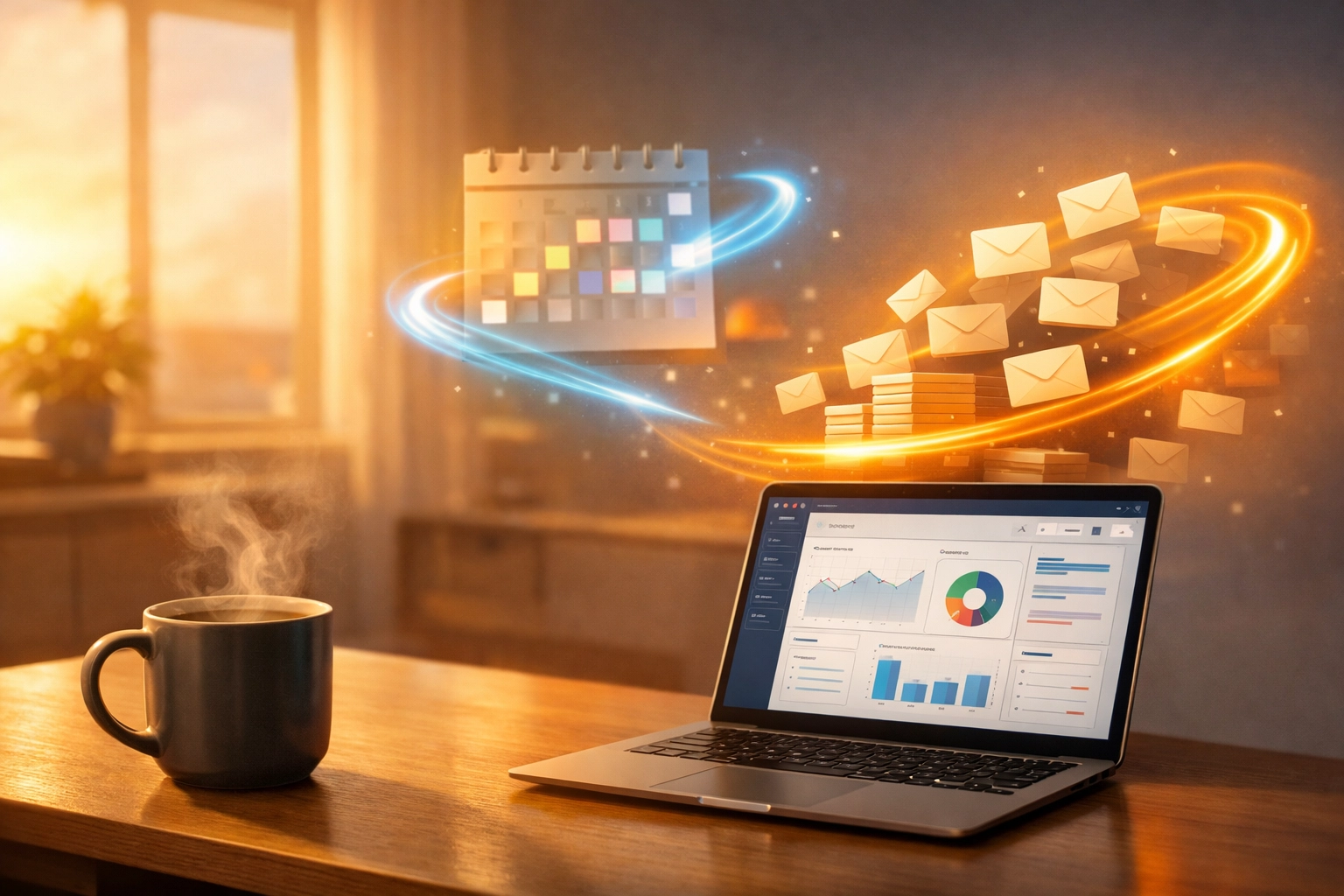 AI support automation managing digital calendars and tasks in a productive home office setting.