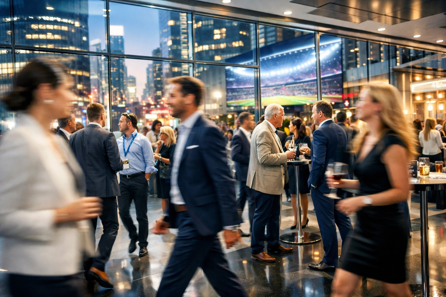 NEWSLETTER: Boost Your Brand ROI Instantly with These 5 Super Bowl Networking Secrets High-level professionals at a Super Bowl networking event maximizing brand visibility and engagement.