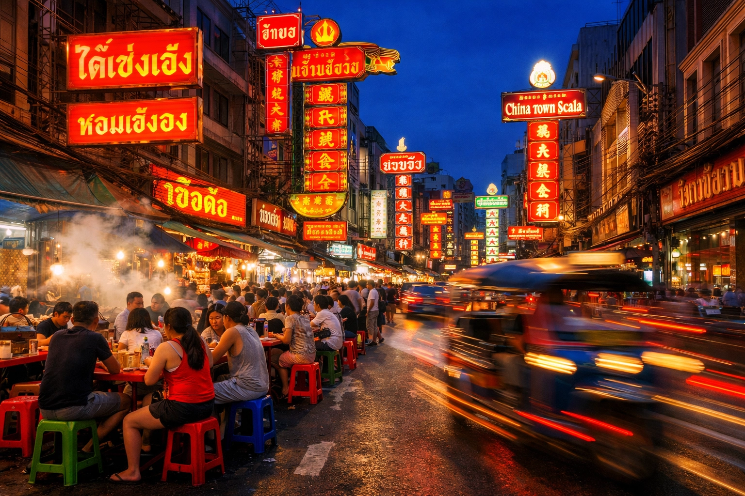 Busy night street food stalls in Bangkok's Chinatown, Yaowarat, a top spot for locals.