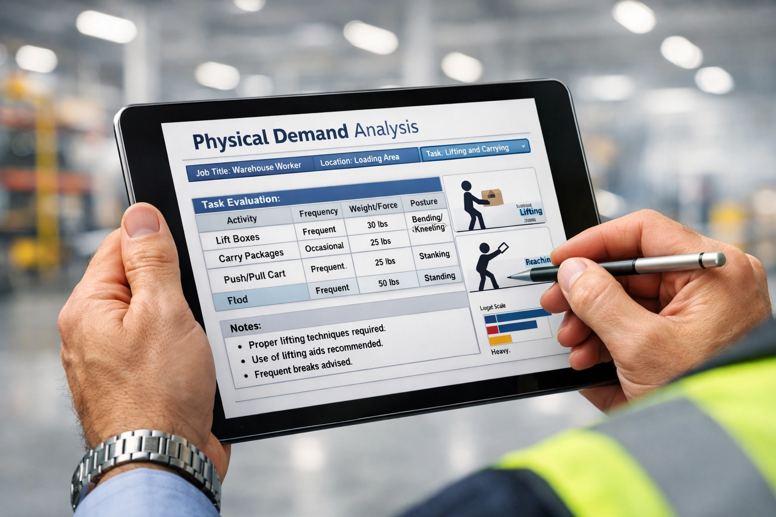 Safety manager performing a Physical Demand Analysis on a tablet in a warehouse for workers comp compliance.