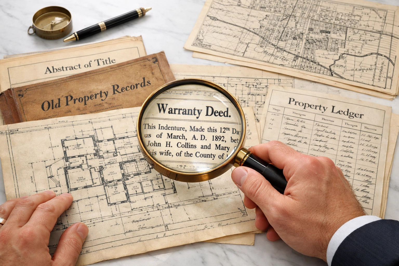 A magnifying glass examining property records and blueprints for detailed real estate investment due diligence.
