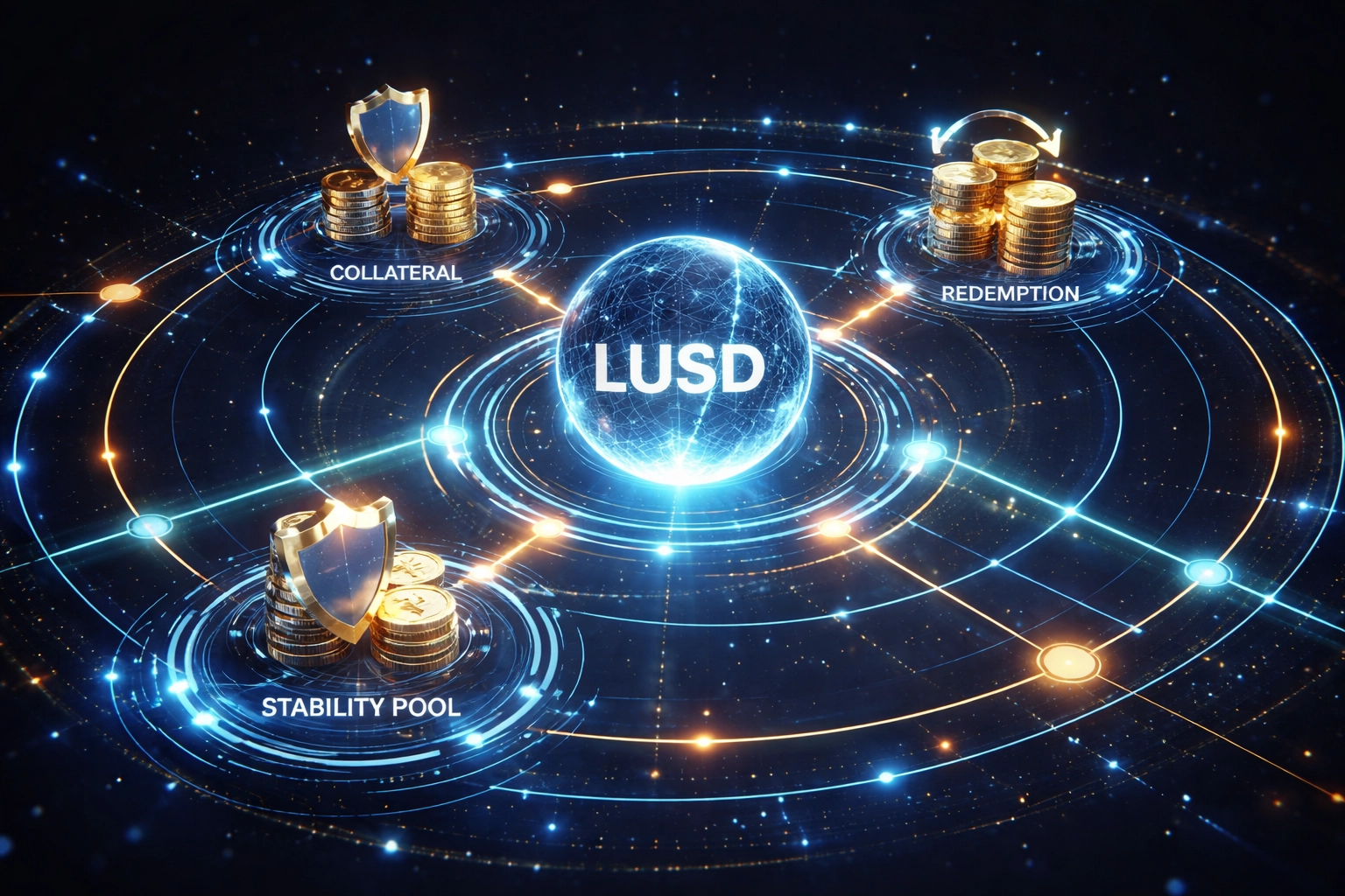 Visual representation of LUSD stablecoin architecture highlighting blockchain security, stability pools, and global payments network