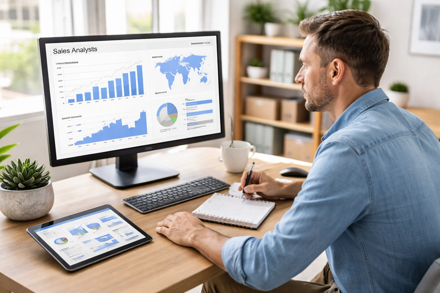 Business owner reviewing POS sales analytics and inventory reports on desktop monitor