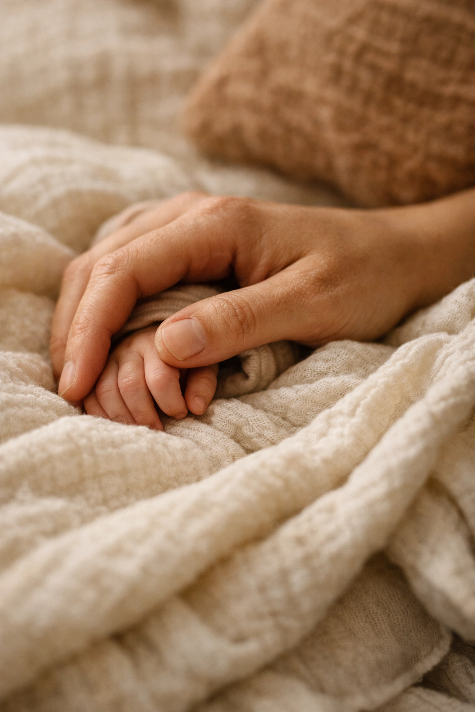A parent's hand on a baby swaddle showing the grounding presence of postpartum support.