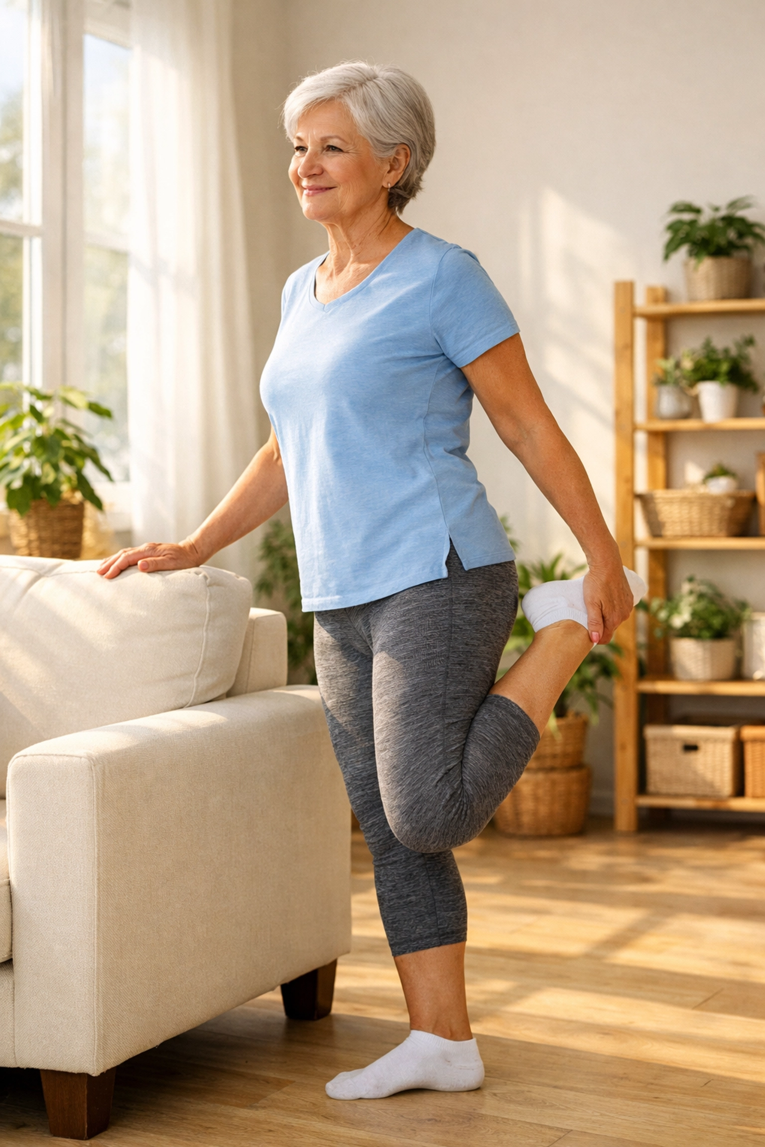 Senior woman performing standing quadricep stretch using chair for balance in home