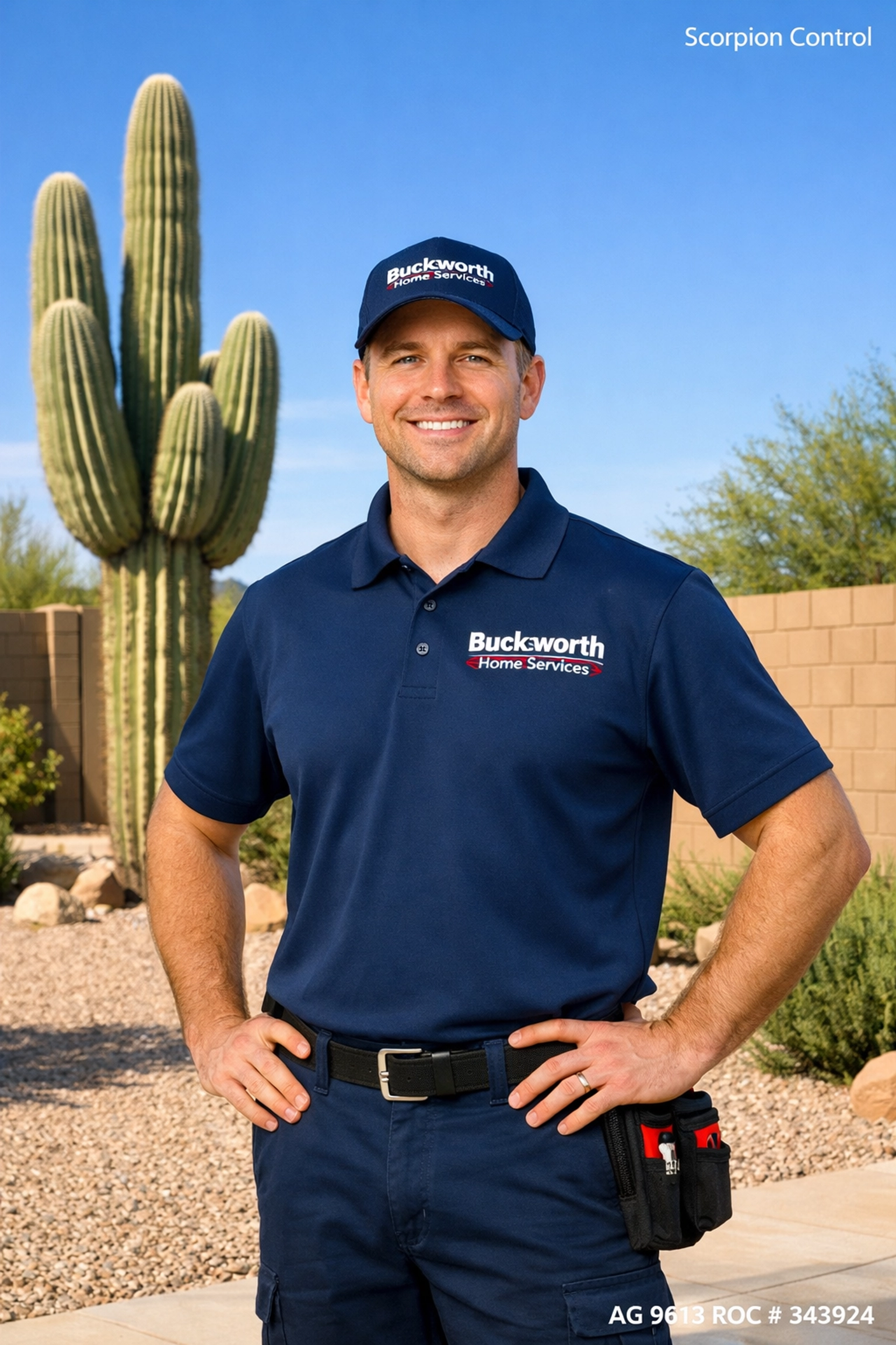 Bucksworth Home Services technician providing professional scorpion control in a Scottsdale AZ residential backyard.