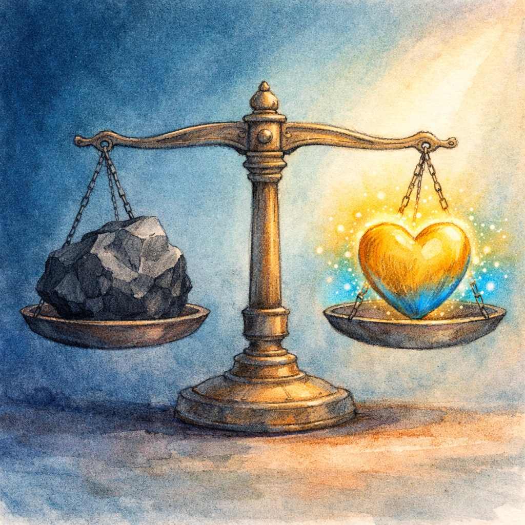 Ethical leadership scale with a glowing heart and heavy stone by Dr. Layne McDonald - www.laynemcdonald.com
