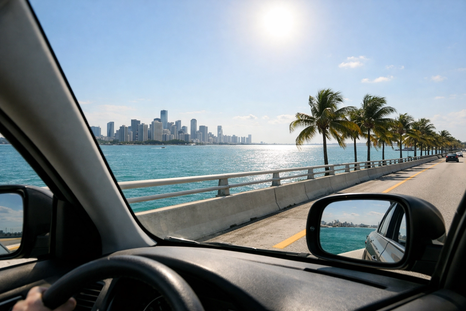 Scenic view of the Miami skyline and turquoise water from the Rickenbacker Causeway, a top miami hidden gem.