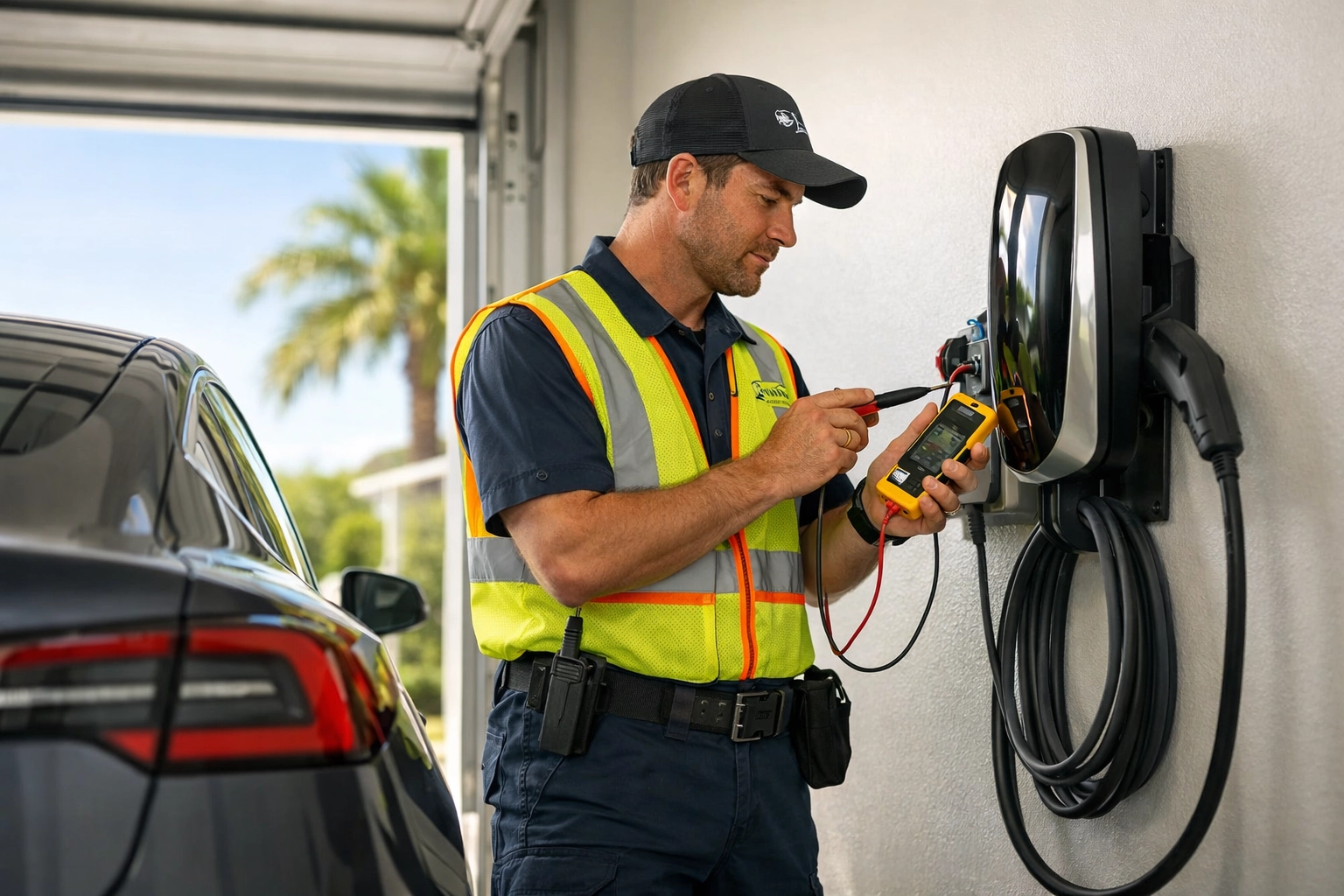 Licensed electrician performing an EV charger installation in a modern Florida garage.