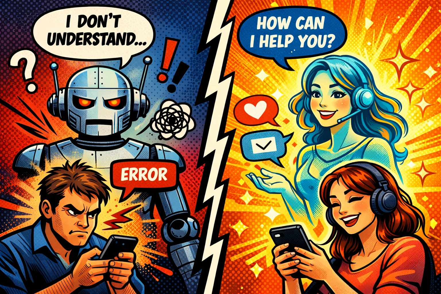 AI customer support providing personalized service vs robotic chatbot responses
