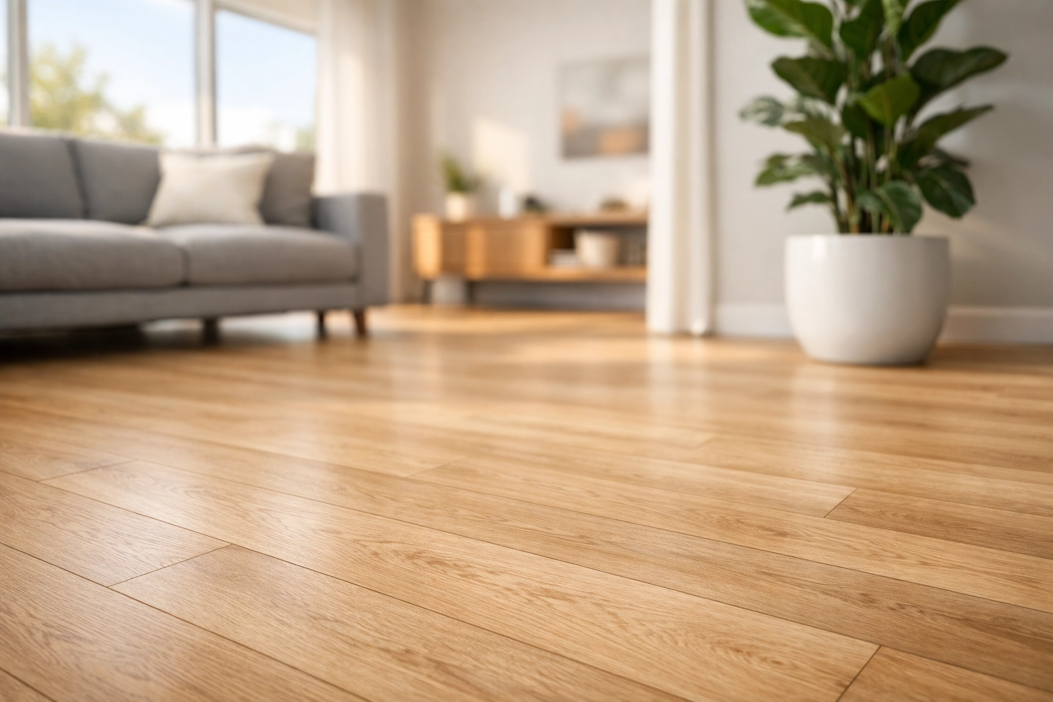 Modern Saskatoon rental with light oak laminate flooring, ready for professional property management.