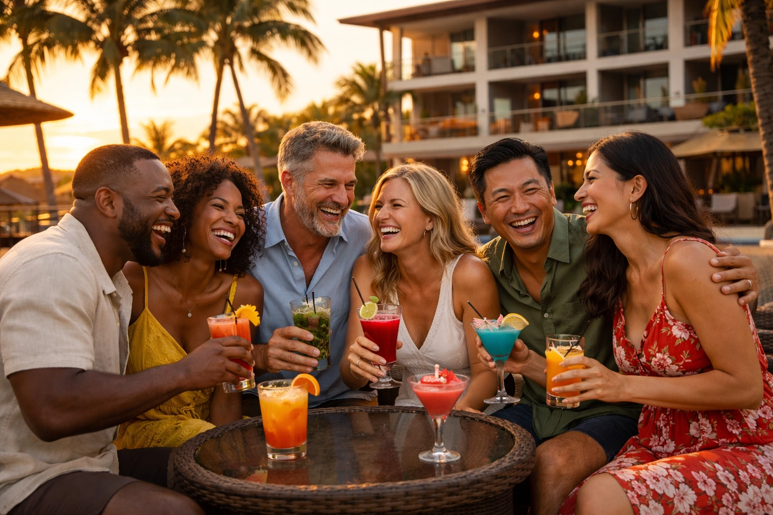 Couples enjoying cocktails poolside at luxury lifestyle resort during group trip