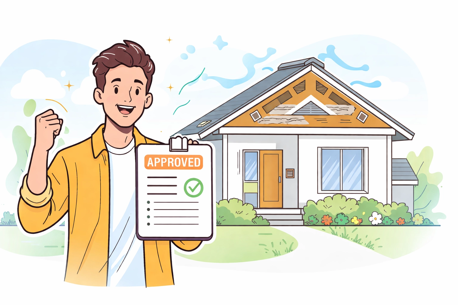 Happy homeowner celebrates mortgage approval after professional spray foam removal