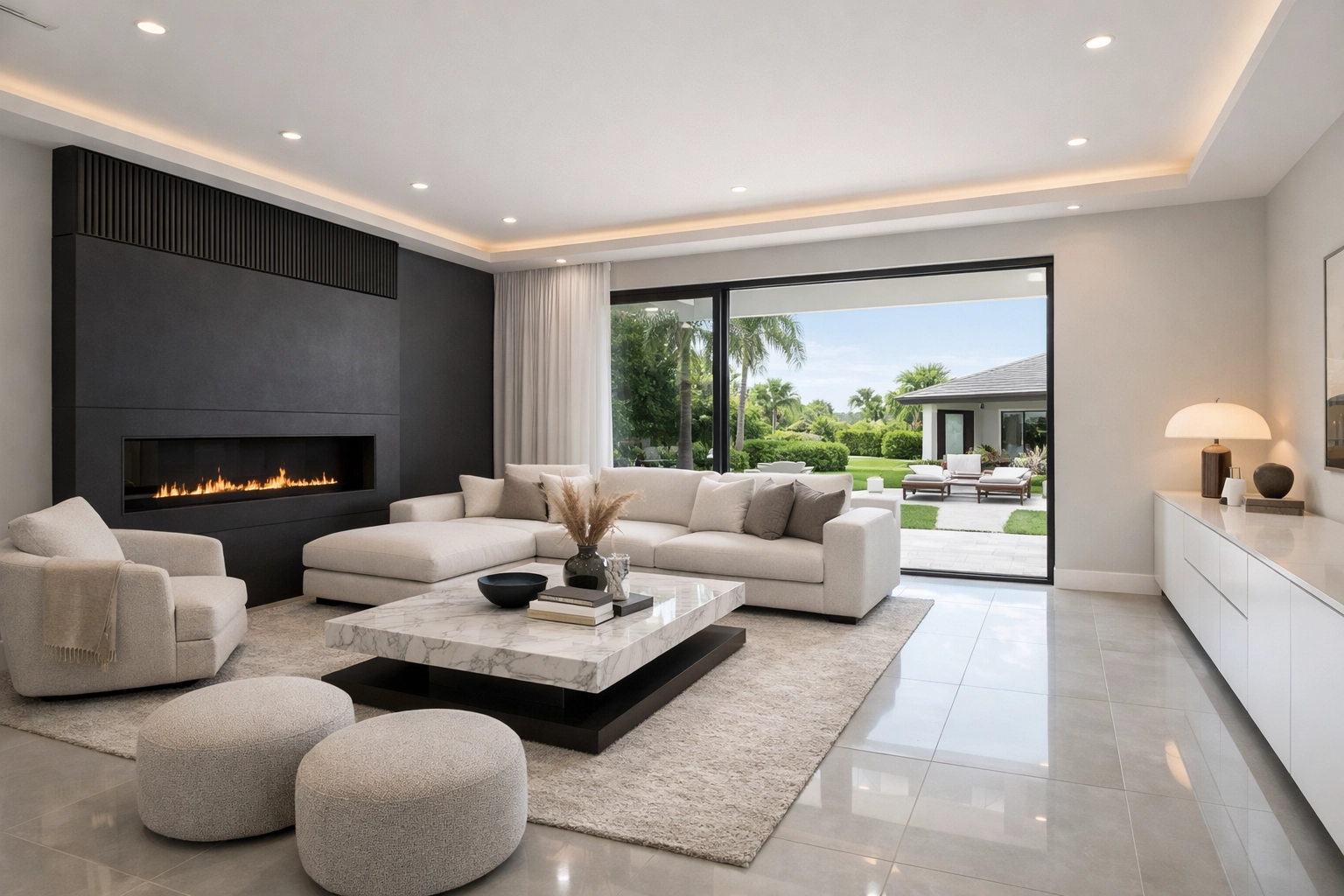 Modern living room featuring new tile installation and professional interior painting in Orlando.