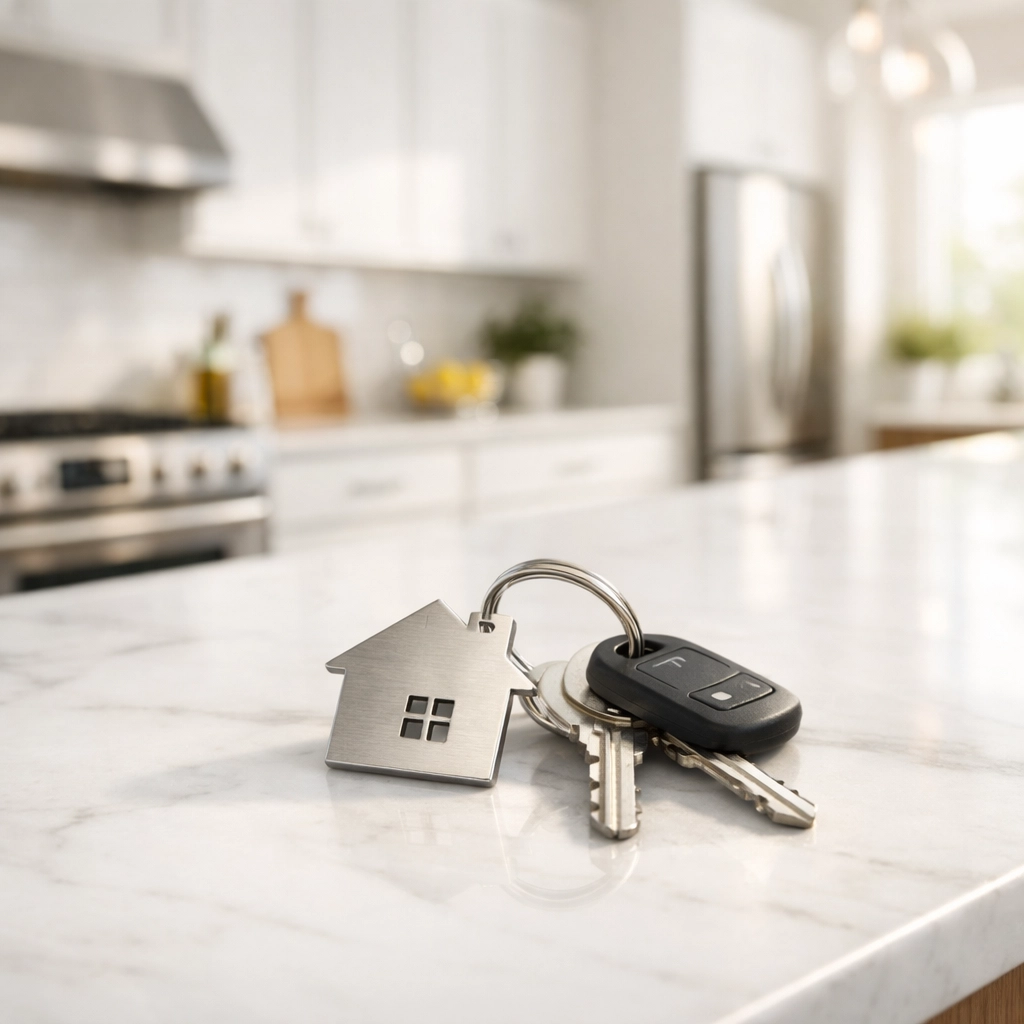 Apartment keys on a clean marble countertop in a modern kitchen, signifying a successful property turnover.