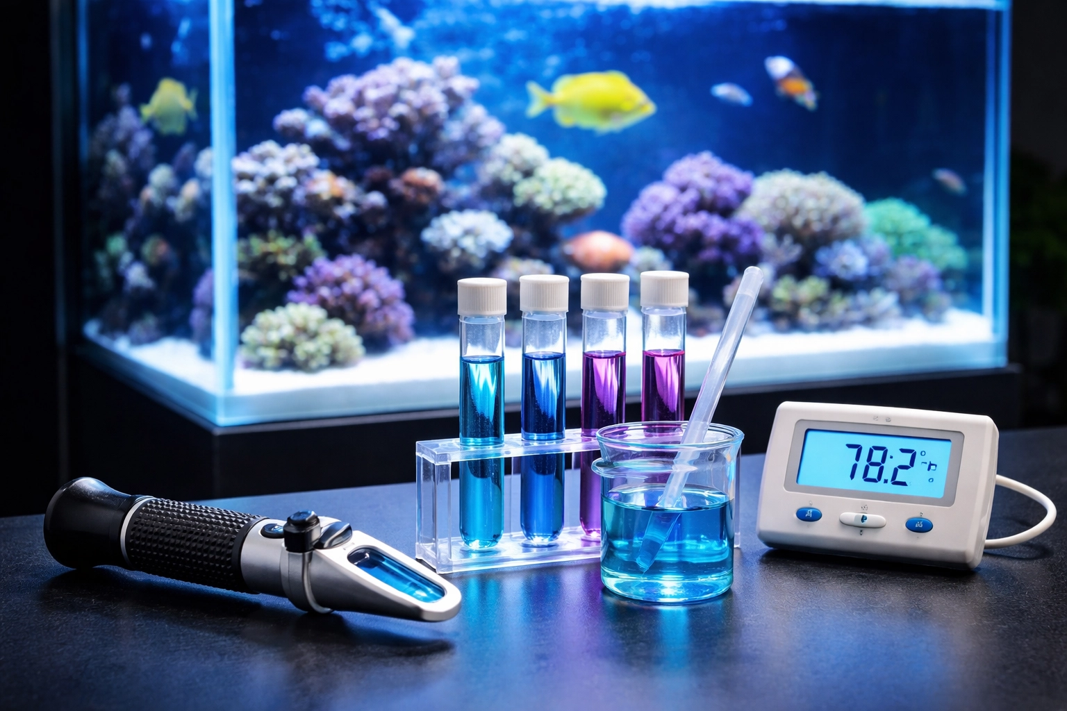 Water testing tools and a glowing saltwater aquarium showcasing crucial preparation for saltwater aquarium installation.