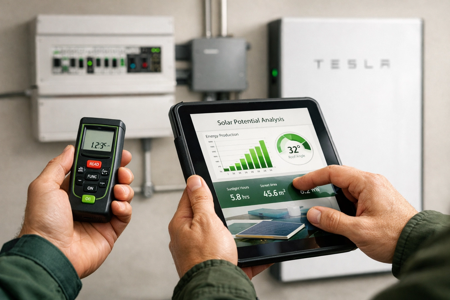 Energy surveyor assessing a Poole home for solar panels and Tesla Powerwall installation.