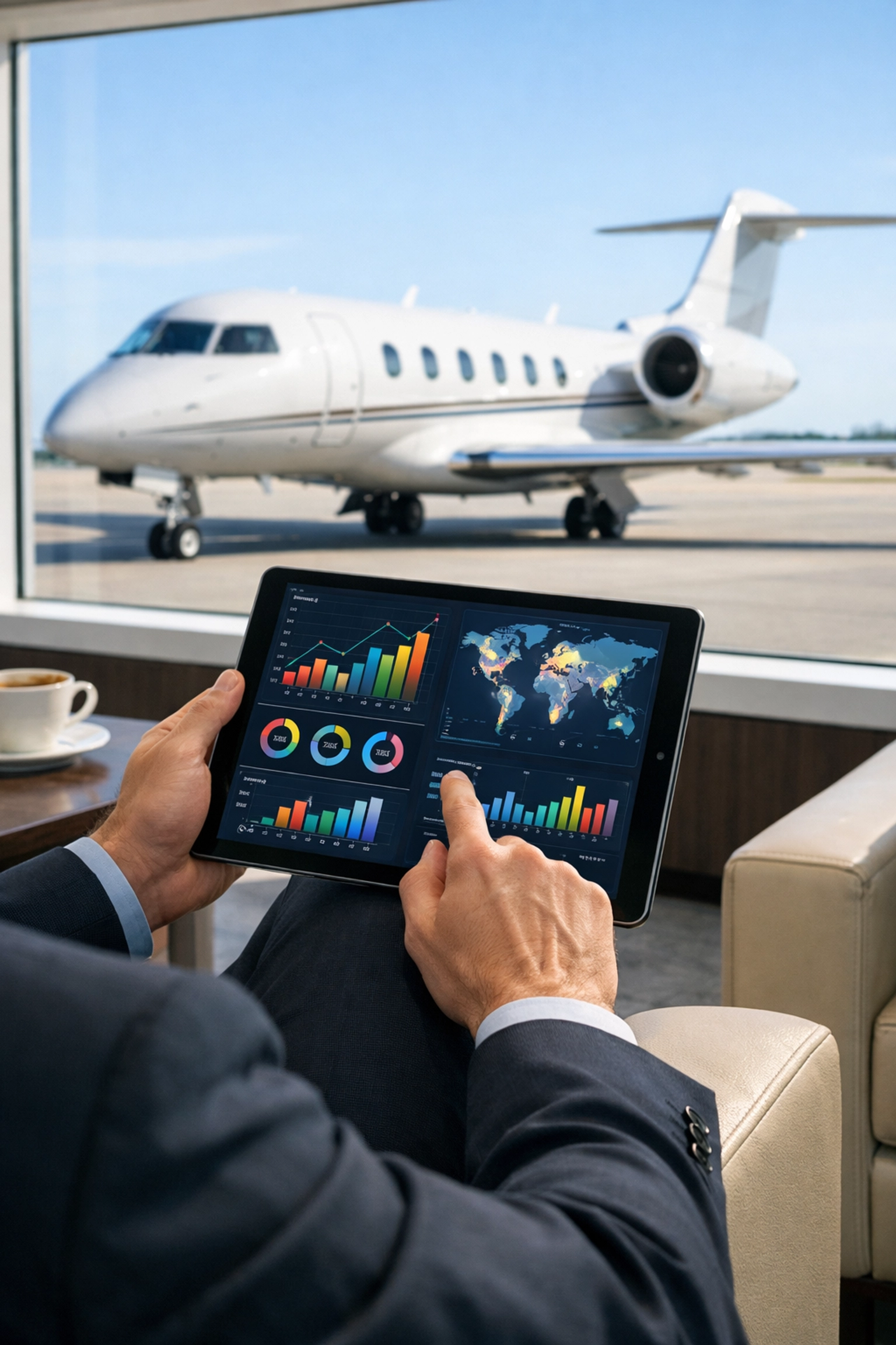 Executive using AI analytics to optimize corporate travel logistics in a private jet terminal.
