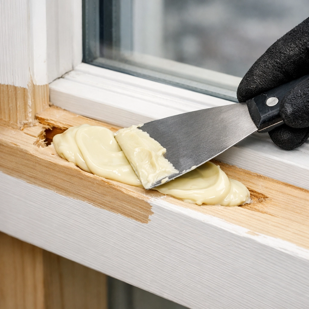 Repairing a rotted window frame by applying exterior-grade epoxy wood filler.