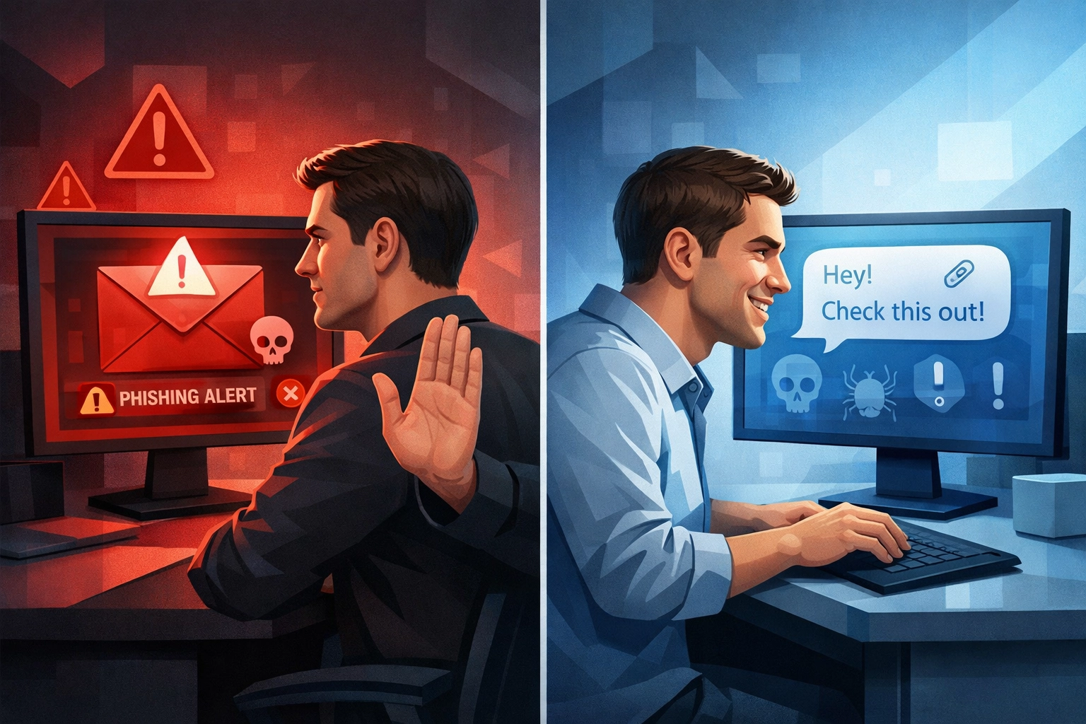 Comparison showing email security awareness versus trusting dangerous collaboration tool messages