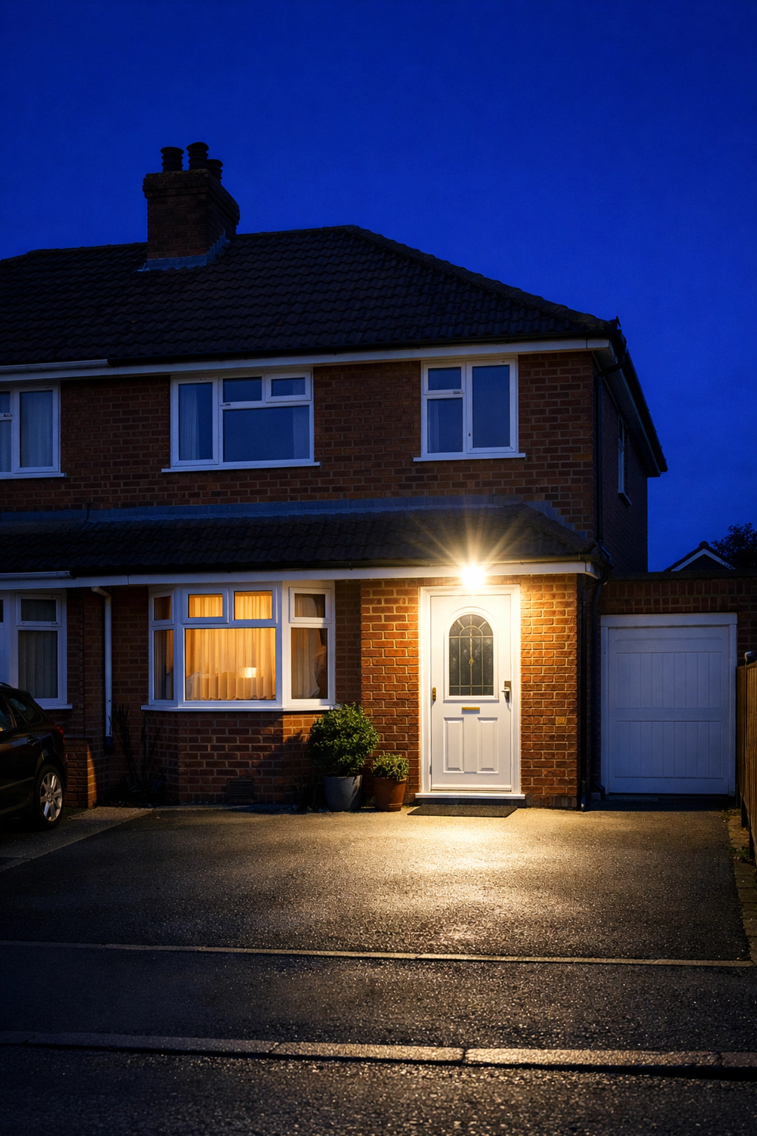 Motion-activated security lighting illuminating a Newport home driveway at twilight for enhanced safety.