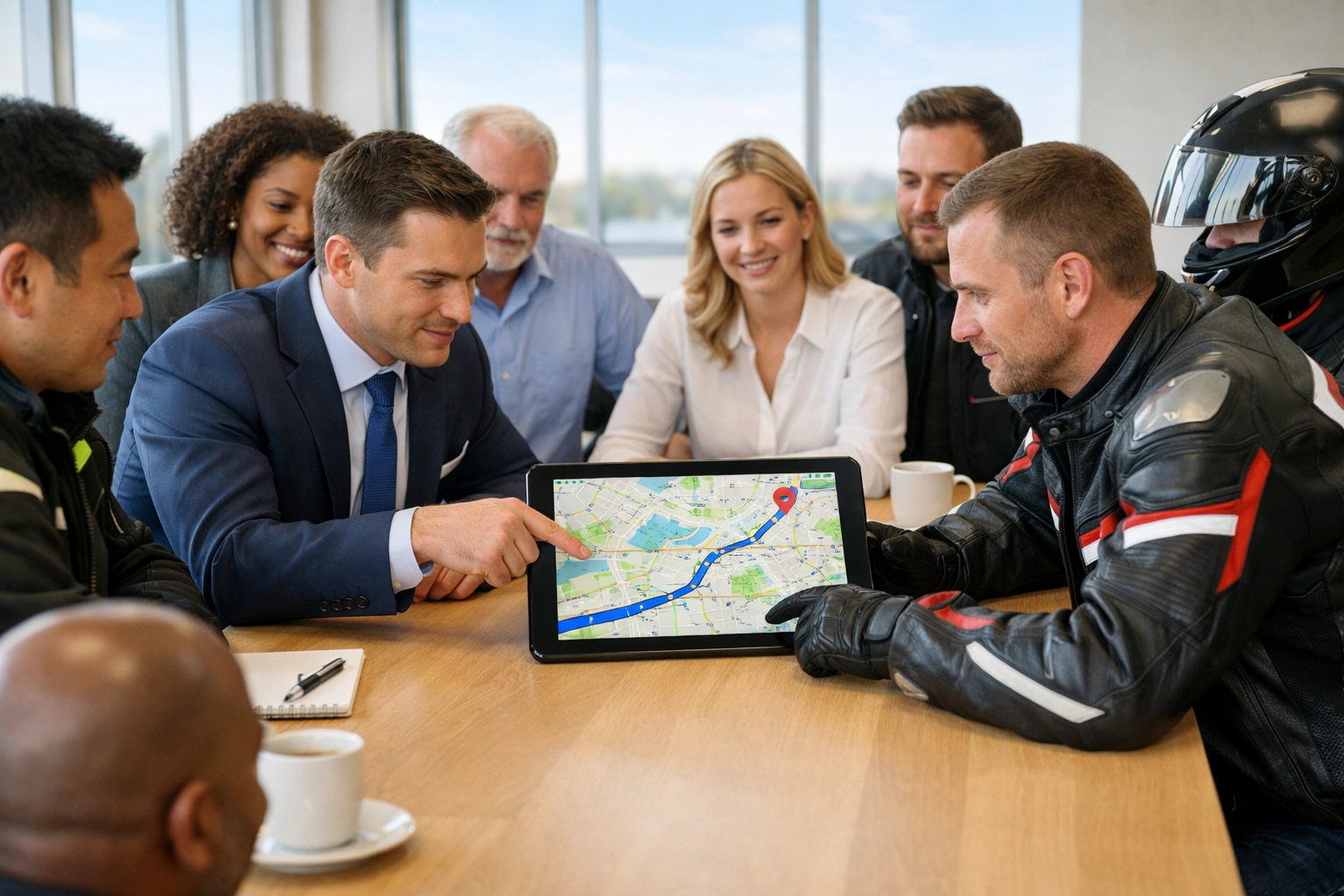 Motorcycle industry stakeholders and riders collaborating on safety initiatives in a conference room.