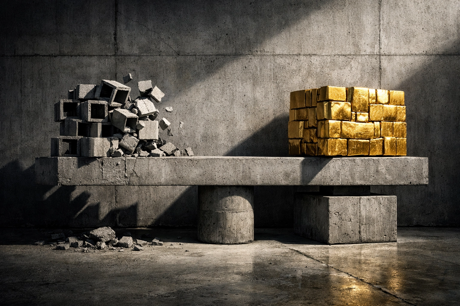 Brutalist Gold & Shadow valuation visual showing fragile concrete template blocks opposed by a dense polished gold mass on a solid foundation.