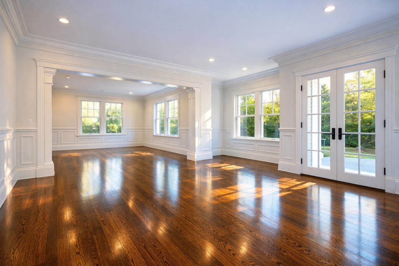 Empty Massachusetts home living room with clean hardwood floors ready for move-in cleaning.