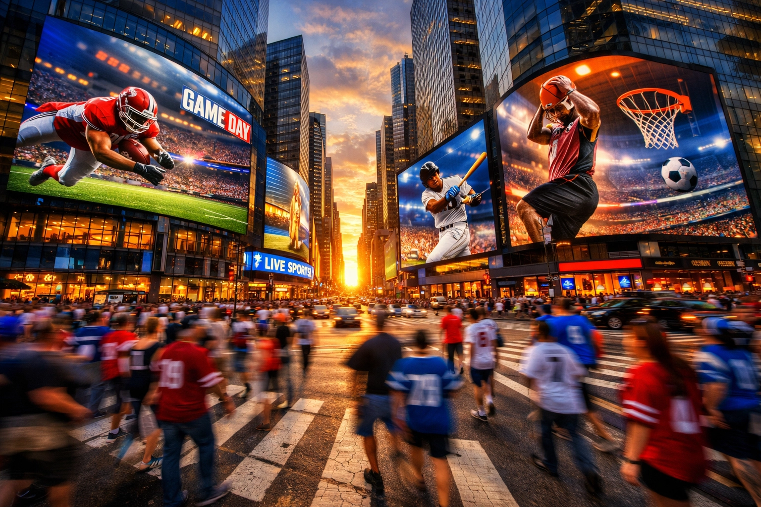 Digital OOH screens on skyscrapers dominating a busy city intersection during a major sporting event.