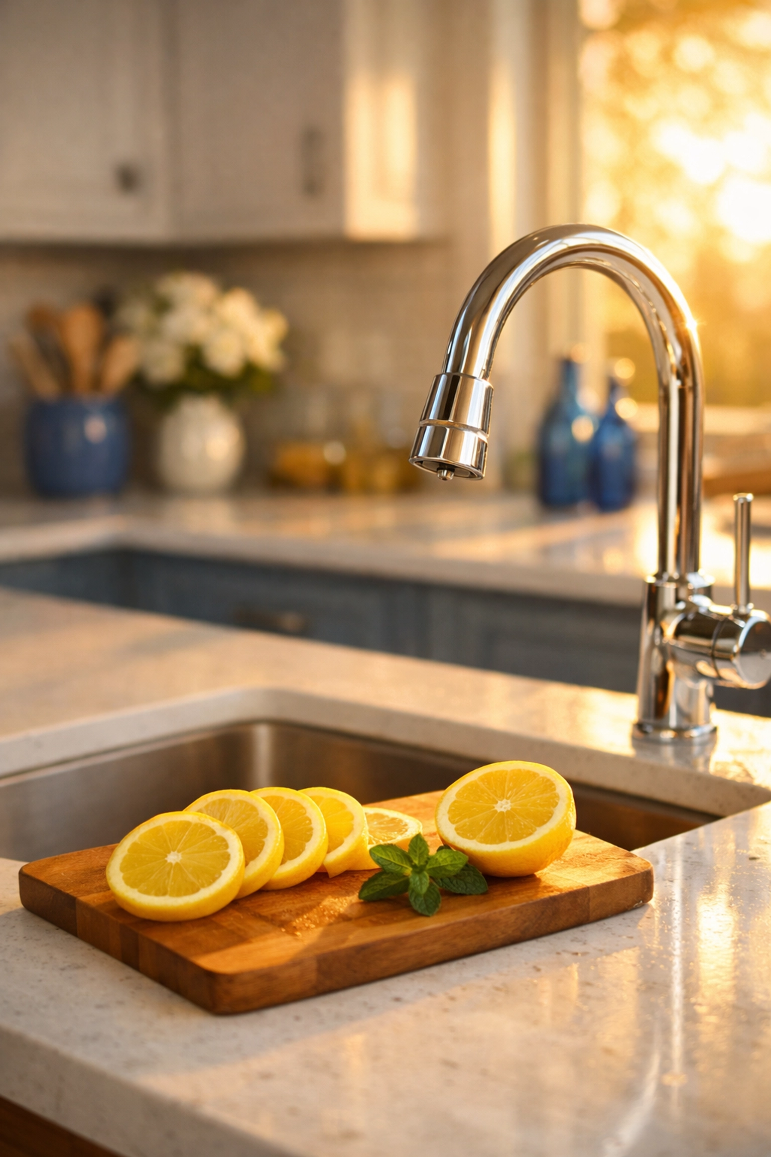 Fresh kitchen sink with lemons on a quartz countertop after a professional deep clean.