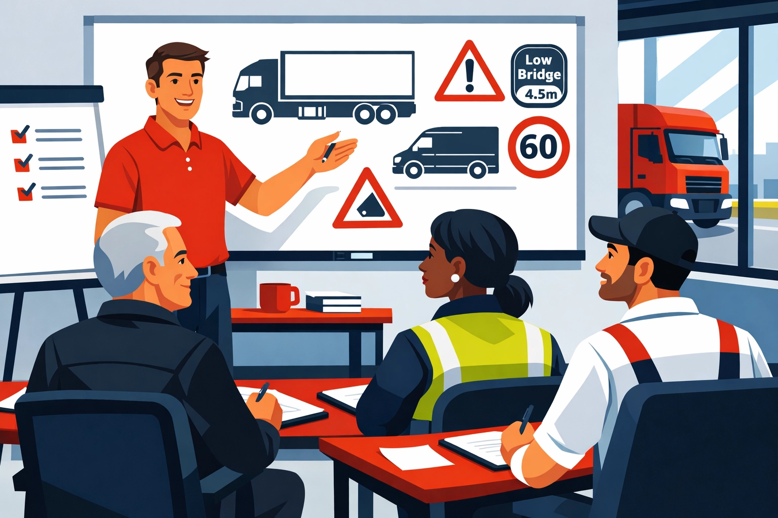 Transport professionals in train the trainer classroom with instructor at whiteboard