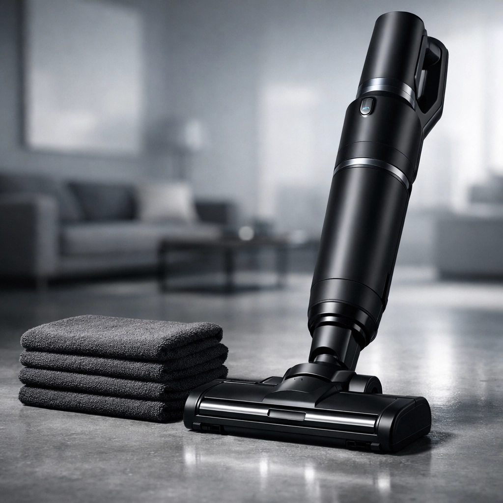 High-end cordless vacuum and microfiber cloths on a polished floor for professional home maintenance.