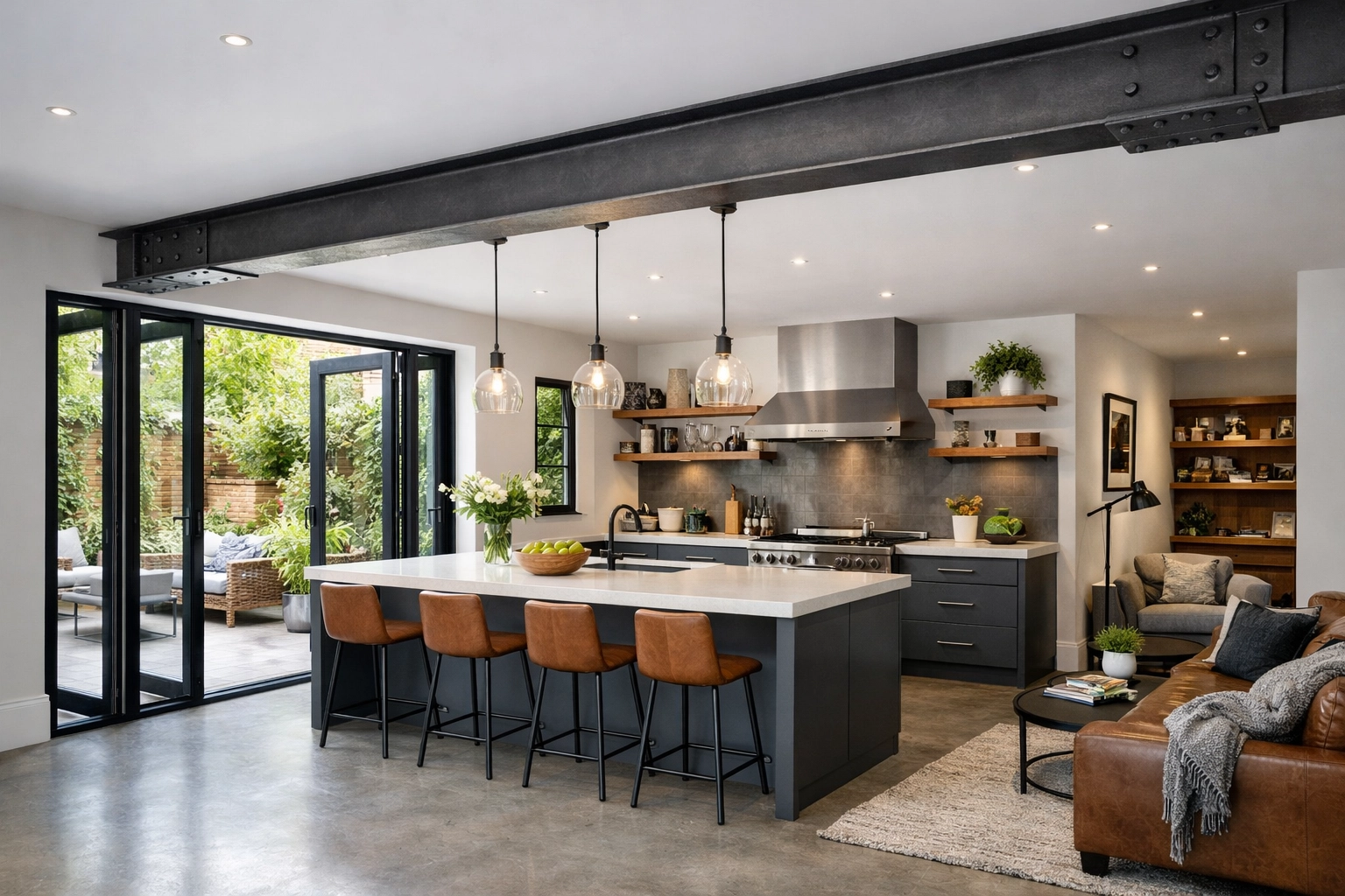 Open-plan HMO kitchen with integrated RSJ structural beam and bifold doors in a London property conversion.