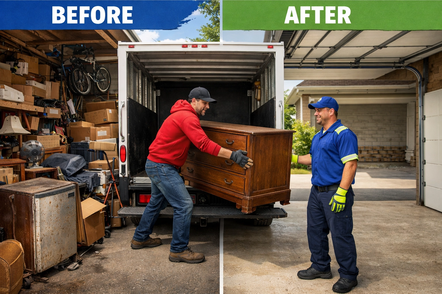 The Cost of Estate Cleanout in Barrie vs. Doing it Yourself Before and after of a Barrie garage cleanout showing Junk GTA professionals removing heavy furniture and junk.