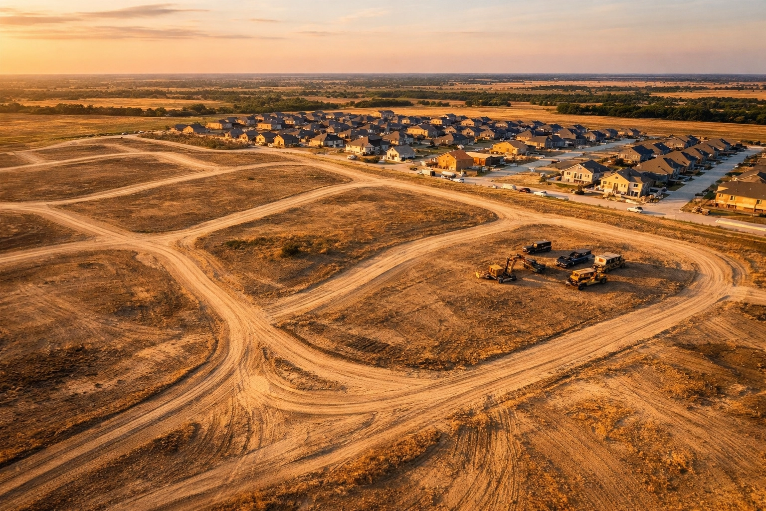 Undeveloped North Texas land tract with construction equipment and partial subdivision development