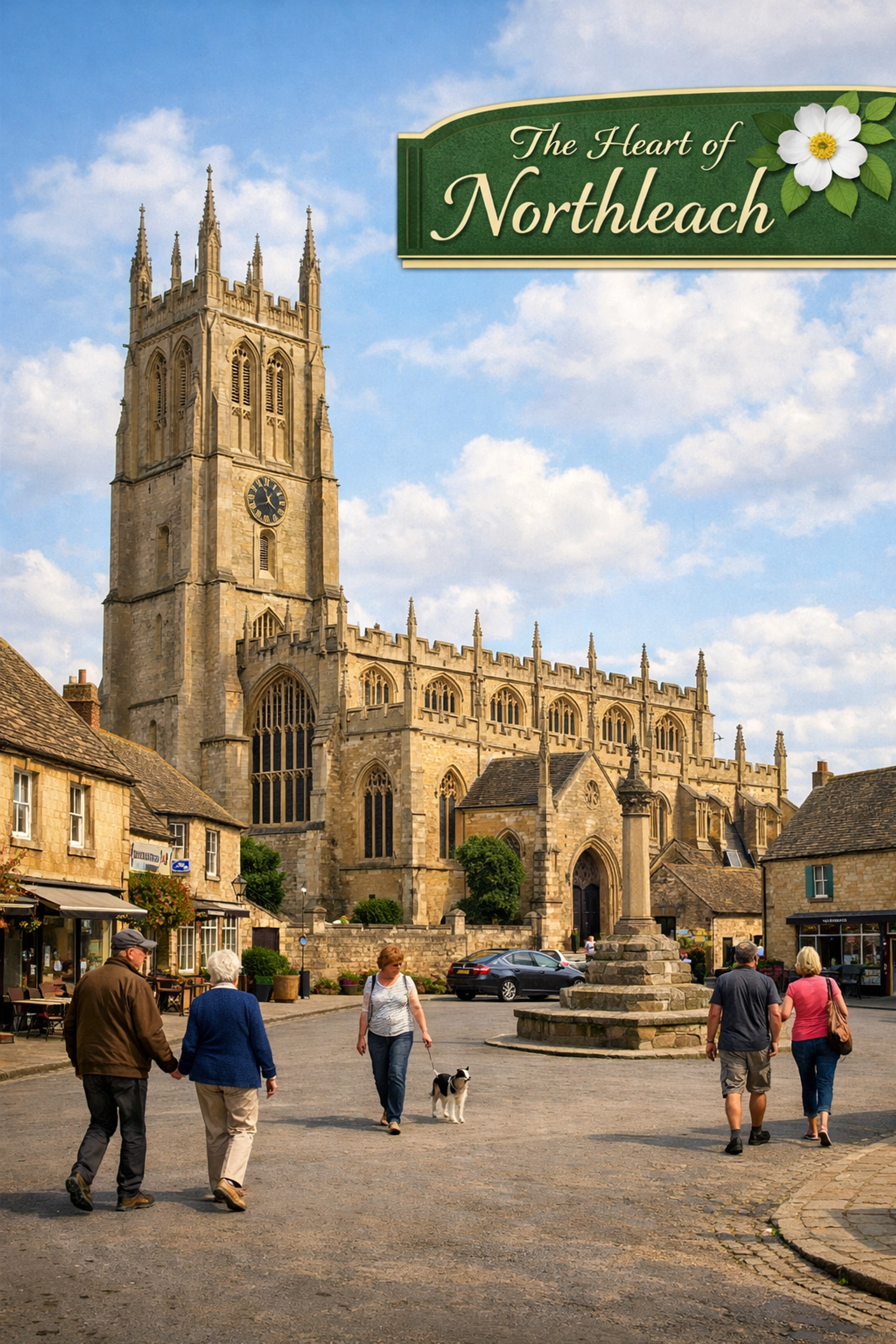 The historic Church of St Peter and St Paul overlooking the triangular market square in Northleach.