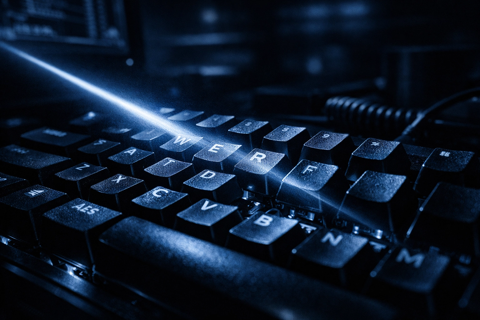 Detailed view of a keyboard under digital surveillance highlighting hacker threats to AI passwords.