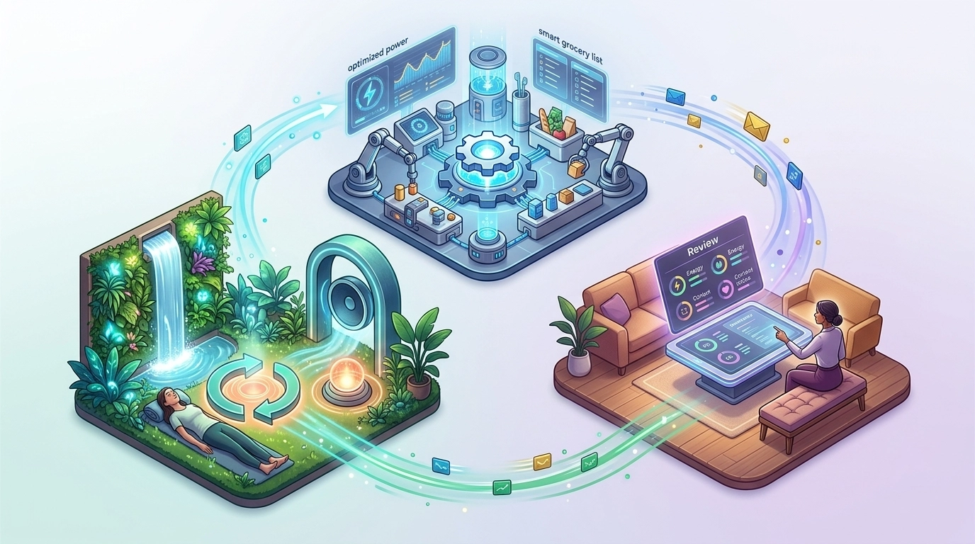 A vibrant, high-fidelity illustration of a household reset loop showing review and recovery stages