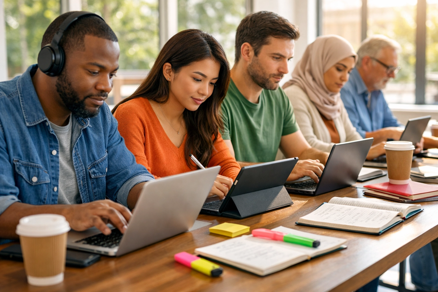 Adult students taking CLEP practice test together at study table with laptops and study materials